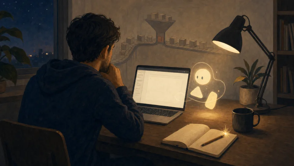 A quiet desk with a blank blog editor, a small AI helper, and a flint spark